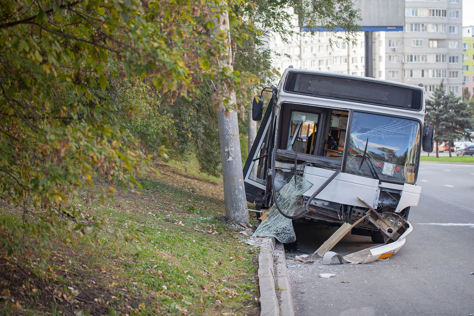 Public bus crashed into tree with broken glass from windshield